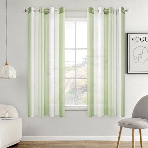 MIULEE Gardinen Gestreift Transparent mit Ösen, Voile Vorhänge Wohnzimmer Modern 2er Set, Vorhang Schlafzimmer Transparent mit Hellgrün Weiss Gestreift Muster, Vorhang Halbtransparent Streifen 140X160 von MIULEE