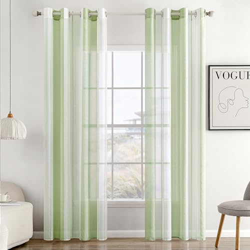 MIULEE Gardinen Gestreift Transparent mit Ösen, Voile Vorhänge Wohnzimmer Modern 2er Set, Vorhang Schlafzimmer Transparent mit Hellgrün Weiss Gestreift Muster, Vorhang Halbtransparent Streifen 140X225 von MIULEE