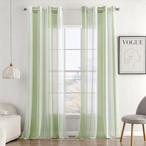 MIULEE Gardinen Gestreift Transparent mit Ösen, Voile Vorhänge Wohnzimmer Modern 2er Set, Vorhang Schlafzimmer Transparent mit Hellgrün Weiss Gestreift Muster, Vorhang Halbtransparent Streifen 140X260 von MIULEE