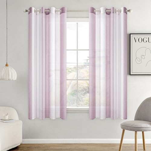 MIULEE Gardinen Gestreift Transparent mit Ösen, Voile Vorhänge Wohnzimmer Modern 2er Set, Vorhang Schlafzimmer Transparent mit Helllila Weiss Gestreift Muster, Vorhang Halbtransparent Streifen 140X160 von MIULEE