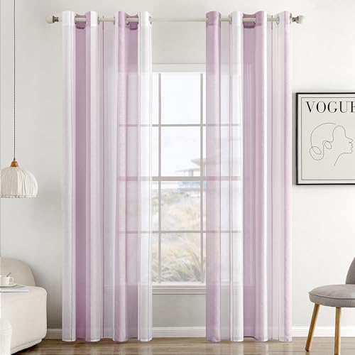 MIULEE Gardinen Gestreift Transparent mit Ösen, Voile Vorhänge Wohnzimmer Modern 2er Set, Vorhang Schlafzimmer Transparent mit Helllila Weiss Gestreift Muster, Vorhang Halbtransparent Streifen 140X225 von MIULEE