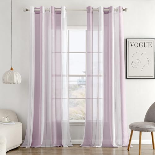 MIULEE Gardinen Gestreift Transparent mit Ösen, Voile Vorhänge Wohnzimmer Modern 2er Set, Vorhang Schlafzimmer Transparent mit Helllila Weiss Gestreift Muster, Vorhang Halbtransparent Streifen 140X280 von MIULEE