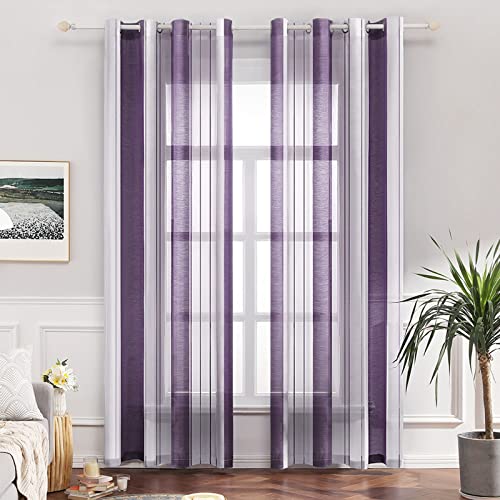 MIULEE Gardinen Gestreift Transparent mit Ösen, Voile Vorhänge Wohnzimmer Modern 2er Set, Vorhang Schlafzimmer Transparent mit Lila Weiss Gestreift Muster, Vorhang Halbtransparent Streifen 140X215 cm von MIULEE