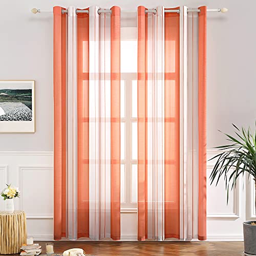 MIULEE Gardinen Gestreift Transparent mit Ösen, Voile Vorhänge Wohnzimmer Modern 2er Set, Vorhang Schlafzimmer Transparent mit Orange Weiss Gestreift Muster Vorhang Halbtransparent Streifen 140X215 CM von MIULEE