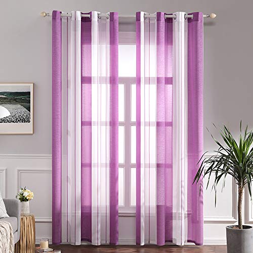 MIULEE Gardinen Gestreift Transparent mit Ösen-Voile Vorhänge Wohnzimmer Modern 2er Set, Vorhang Schlafzimmer Transparent mit Violett Weiss Gestreift Muster Vorhang Halbtransparent Streifen 140X215 CM von MIULEE