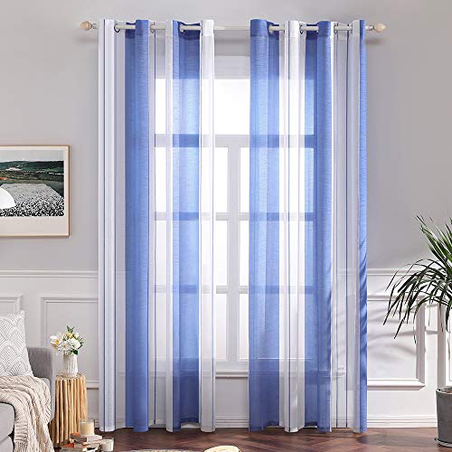 MIULEE Gardinen Gestreift Transparent mit Ösen, Voile Vorhänge Wohnzimmer Modern 2er Set, Vorhang Schlafzimmer Transparent mit Blau Weiss Gestreift Muster, Vorhang Halbtransparent Streifen 140X215 cm von MIULEE