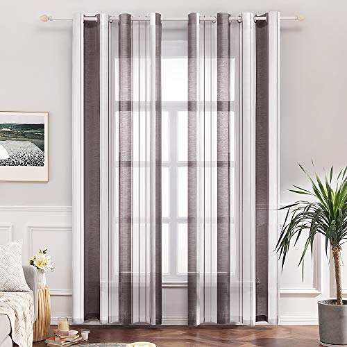 MIULEE Gardinen Gestreift Transparent mit Ösen, Voile Vorhänge Wohnzimmer Modern 2er Set, Vorhang Schlafzimmer Transparent mit Dunkelbraun Weiss Gestreift, Vorhang Halbtransparent Streifen 140X245 cm von MIULEE