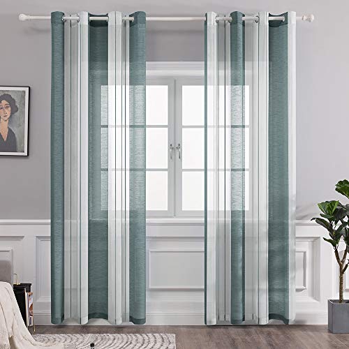 MIULEE Gardinen Gestreift Transparent mit Ösen, Voile Vorhänge Wohnzimmer Modern 2er Set, Vorhang Schlafzimmer Transparent mit Grün Weiss Gestreift Muster, Vorhang Halbtransparent Streifen 140X175 cm von MIULEE
