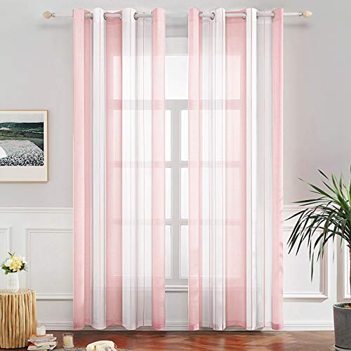 MIULEE Gardinen Gestreift Transparent mit Ösen, Voile Vorhänge Wohnzimmer Modern 2er Set, Vorhang Schlafzimmer Transparent mit Hellrosa Weiss Gestreift, Vorhang Halbtransparent Streifen 140X225 cm von MIULEE