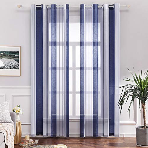 MIULEE Gardinen Gestreift Transparent mit Ösen, Voile Vorhänge Wohnzimmer Modern 2er Set, Vorhang Schlafzimmer Transparent mit Blau Weiss Gestreift Muster, Vorhang Halbtransparent Streifen 140X225 cm von MIULEE