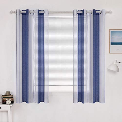 MIULEE Gardinen Gestreift Transparent mit Ösen, Voile Vorhänge Wohnzimmer 2er Set, Vorhang Schlafzimmer Transparent mit Blau Weiss Gestreift Muster, Kurz Vorhang Halbtransparent Streifen 140X160 cm von MIULEE