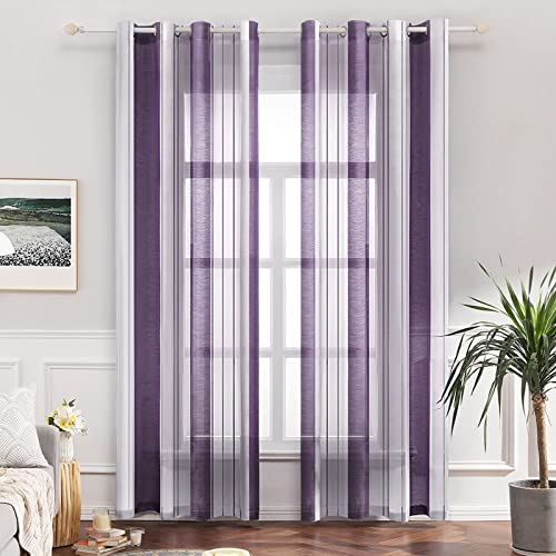 MIULEE Gardinen Gestreift Transparent mit Ösen, Voile Vorhänge Wohnzimmer Modern 2er Set, Vorhang Schlafzimmer Transparent mit Lila Weiss Gestreift Muster, Vorhang Halbtransparent Streifen 140X245 cm von MIULEE