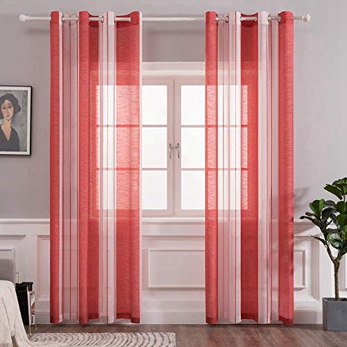 MIULEE Gardinen Gestreift Transparent mit Ösen, Voile Vorhänge Wohnzimmer 2er Set, Vorhang Schlafzimmer Transparent mit Rot Weiss Gestreift Muster, Kurz Vorhang Halbtransparent Streifen 140X145 cm von MIULEE