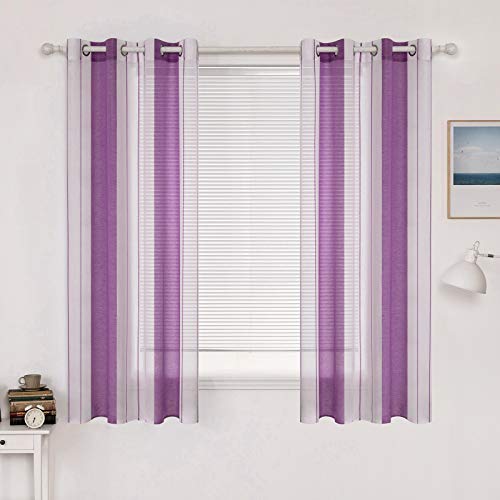 MIULEE Gardinen Gestreift Transparent mit Ösen, Voile Vorhänge Wohnzimmer 2er Set, Vorhang Schlafzimmer Transparent mit Violett Weiss Gestreift Muster, Kurz Vorhang Halbtransparent Streifen 140X160 CM von MIULEE