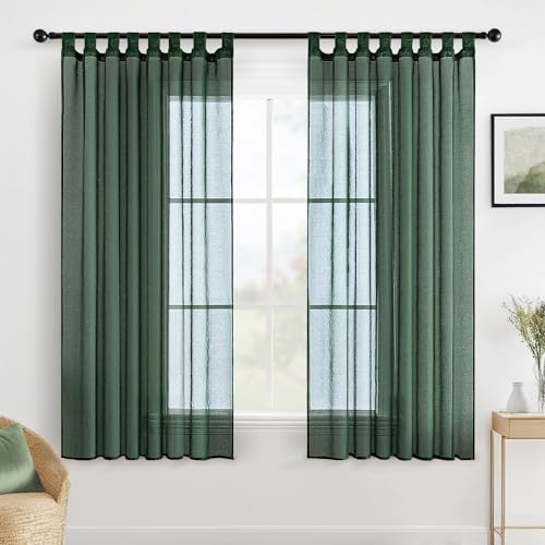 MIULEE Gardinen Schlaufenschal 2er Set Vorhänge Transparente Schlaufen Gardine aus Voile Vorhang Transparent Wohnzimmer Luftig Dekoschal für Schlafzimmer 175 x 140 cm (H x B), Tab Top Dunkelgrün von MIULEE