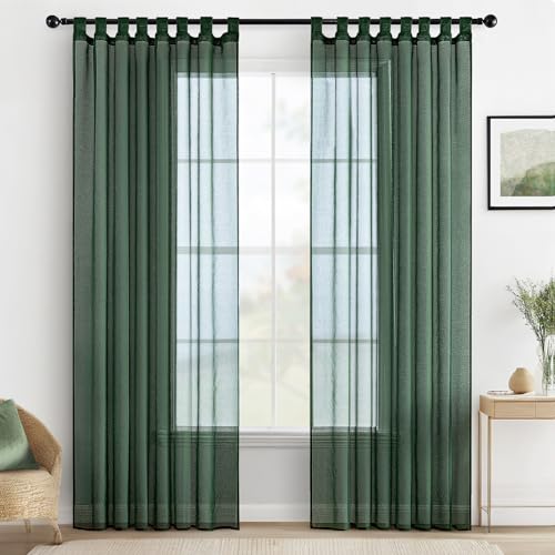 MIULEE Gardinen Schlaufenschal 2er Set Vorhänge Transparente Schlaufen Gardine aus Voile Vorhang Transparent Wohnzimmer Luftig Dekoschal für Schlafzimmer 225 x 140 cm (H x B), Tab Top Dunkelgrün von MIULEE