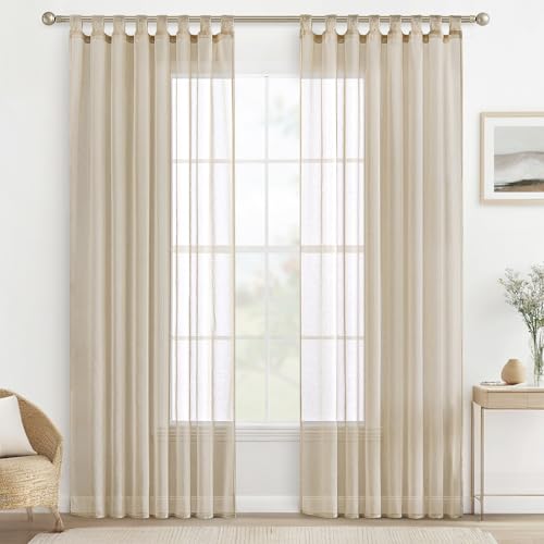 MIULEE Gardinen Schlaufenschal 2er Set Vorhänge Transparente Schlaufen Gardine aus Voile Vorhang Transparent Wohnzimmer Luftig Dekoschal für Schlafzimmer 245 x 140 cm (H x B), Tab Top Khaki von MIULEE