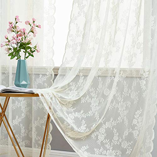 MIULEE Gardinen Spitze-Wunderschöne Beige Blumen Bestickte Spitzengardinen, 2er Set Transparent Vorhang Spitze Vintage, Voile Spitzenvorhänge mit Ösen für Wohnzimmer Schlafzimmer Dekor, 2X H245xB150cm von MIULEE