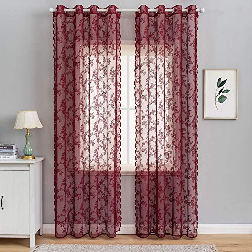 MIULEE Gardinen Spitze-Wunderschöne Rot Blumen Bestickte Spitzengardinen, 2er Set Transparent Vorhang Spitze Vintage, Voile Spitzenvorhänge mit Ösen für Wohnzimmer Schlafzimmer Dekor, 2X H245xB150cm von MIULEE