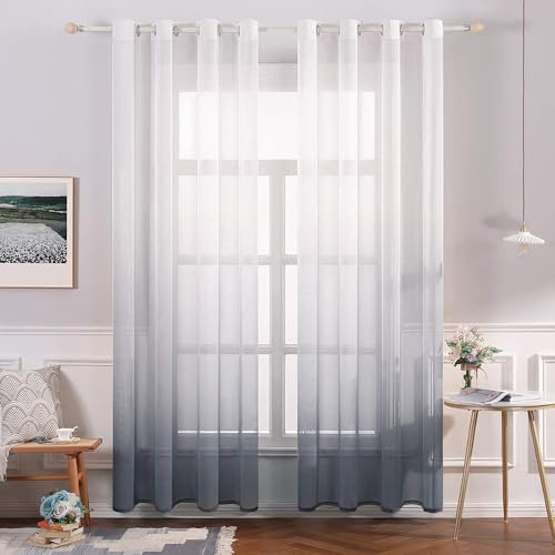 MIULEE Gardinen Transparent Vorhänge Farbverlauf Voile Sheer 2er Set Vorhang mit Ösen Dekoschal Fensterschal für Schlafzimmer und Wohnzimmer 137 cm x 140 cm(H x B) Weiß Grau von MIULEE