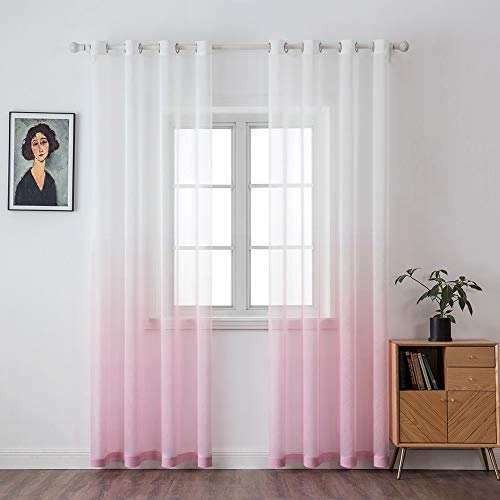 MIULEE Gardinen Transparent Vorhänge Farbverlauf Voile Sheer 2er Set Vorhang mit Ösen Dekoschal Fensterschal für Schlafzimmer und Wohnzimmer 145 cm x 140 cm(H x B) Weiß Rosa von MIULEE