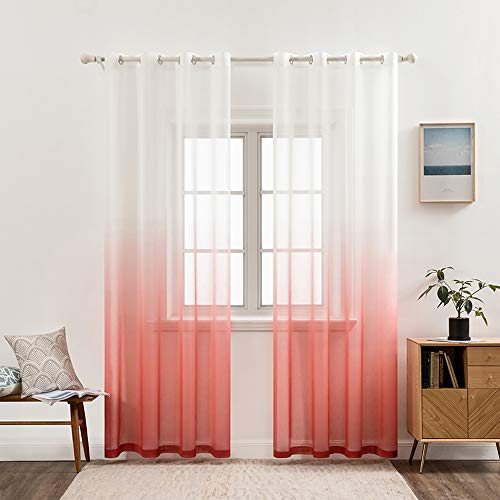 MIULEE Gardinen Transparent Vorhänge Farbverlauf Voile Sheer 2er Set Vorhang mit Ösen Dekoschal Fensterschal für Schlafzimmer und Wohnzimmer 145 cm x 140 cm(H x B) Weiß Rot von MIULEE