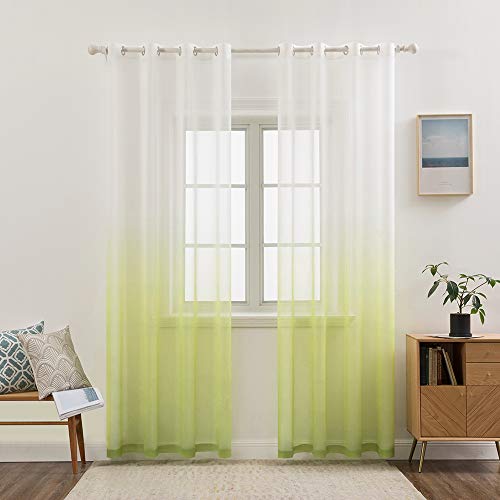 MIULEE Gardinen Transparent Vorhänge Farbverlauf Voile Sheer 2er Set Vorhang mit Ösen Dekoschal Fensterschal für Schlafzimmer und Wohnzimmer 160 cm x 140 cm(H x B) Weiß Grün von MIULEE