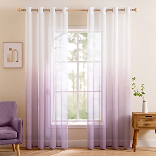 MIULEE Gardinen Transparent Vorhänge Farbverlauf Voile Sheer 2er Set Vorhang mit Ösen Dekoschal Fensterschal für Schlafzimmer und Wohnzimmer 160 cm x 140 cm(H x B) Weiß Helllila von MIULEE