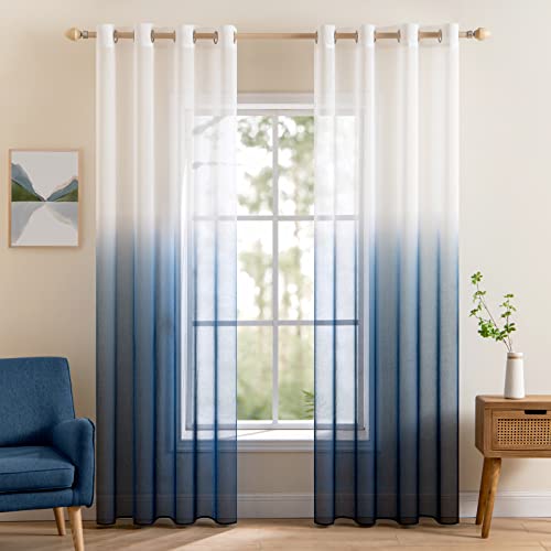 MIULEE Gardinen Transparent Vorhänge Farbverlauf Voile Sheer 2er Set Vorhang mit Ösen Dekoschal Fensterschal für Schlafzimmer und Wohnzimmer 175 cm x 140 cm(H x B) Weiß Meerblau von MIULEE