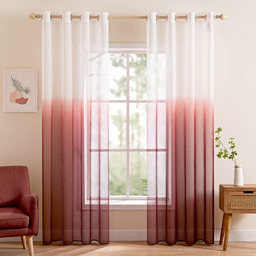 MIULEE Gardinen Transparent Vorhänge Farbverlauf Voile Sheer 2er Set Vorhang mit Ösen Dekoschal Fensterschal für Schlafzimmer und Wohnzimmer 175 cm x 140 cm(H x B) Weiß Rotbraun von MIULEE
