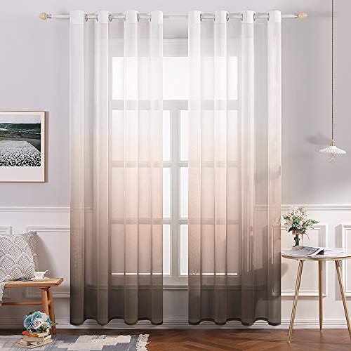 MIULEE Gardinen Transparent Vorhänge Farbverlauf Voile Sheer 2er Set Vorhang mit Ösen Dekoschal Fensterschal für Schlafzimmer und Wohnzimmer 215 cm x 140 cm(H x B) Weiß Kaffeefarbe von MIULEE