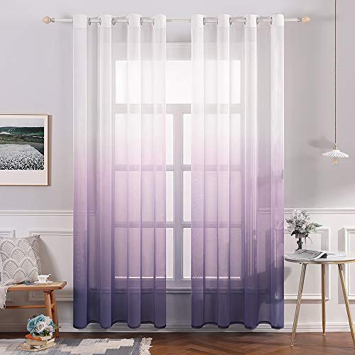 MIULEE Gardinen Transparent Vorhänge Farbverlauf Voile Sheer 2er Set Vorhang mit Ösen Dekoschal Fensterschal für Schlafzimmer und Wohnzimmer 215 cm x 140 cm(H x B) Weiß Lila von MIULEE
