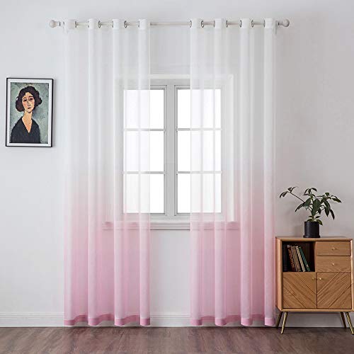 MIULEE Gardinen Transparent Vorhänge Farbverlauf Voile Sheer 2er Set Vorhang mit Ösen Dekoschal Fensterschal für Schlafzimmer und Wohnzimmer 215 cm x 140 cm(H x B) Weiß Rosa von MIULEE