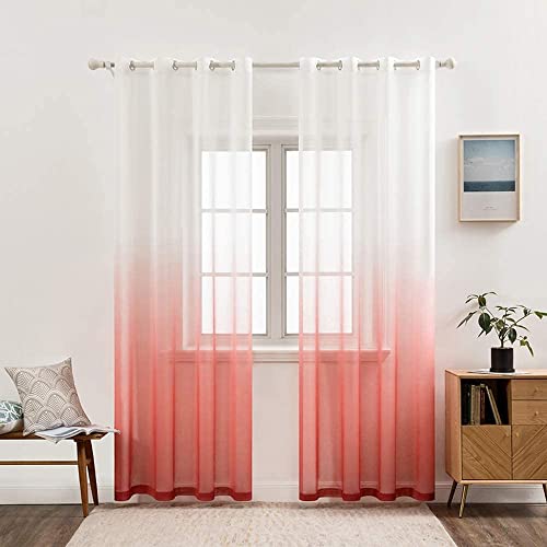 MIULEE Gardinen Transparent Vorhänge Farbverlauf Voile Sheer 2er Set Vorhang mit Ösen Dekoschal Fensterschal für Schlafzimmer und Wohnzimmer 215 cm x 140 cm(H x B) Weiß Rot von MIULEE