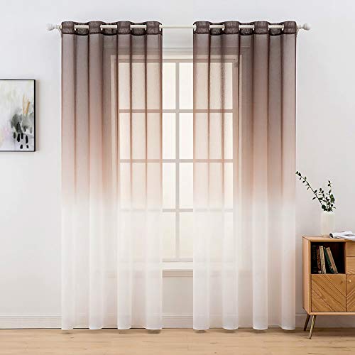 MIULEE Gardinen Transparent Vorhänge Farbverlauf Voile Sheer 2er Set Vorhang mit Ösen Dekoschal Fensterschal für Schlafzimmer und Wohnzimmer 225 cm x 140 cm(H x B) Kaffeefarbe-weiß von MIULEE