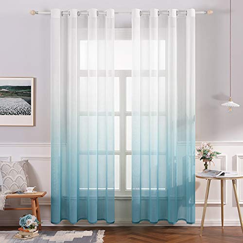 MIULEE Gardinen Transparent Vorhänge Farbverlauf Voile Sheer 2er Set Vorhang mit Ösen Dekoschal Fensterschal für Schlafzimmer und Wohnzimmer 225 cm x 140 cm(H x B) Weiß Blau von MIULEE