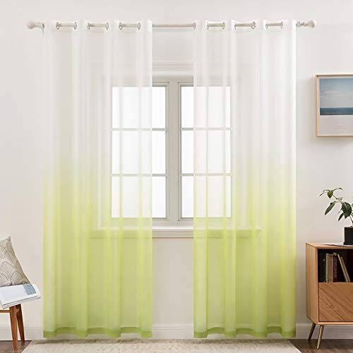 MIULEE Gardinen Transparent Vorhänge Farbverlauf Voile Sheer 2er Set Vorhang mit Ösen Dekoschal Fensterschal für Schlafzimmer und Wohnzimmer 225 cm x 140 cm(H x B) Weiß Grün von MIULEE