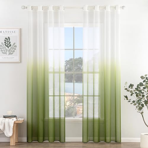 MIULEE Gardinen Transparent Vorhänge Farbverlauf Voile Sheer 2er Set Vorhang mit Ösen Dekoschal Fensterschal für Schlafzimmer und Wohnzimmer 260 cm x 140 cm(H x B) Olivgrün von MIULEE