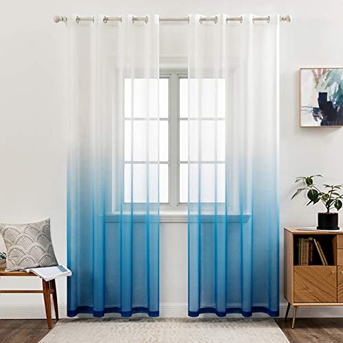 MIULEE Gardinen Transparent Vorhänge Farbverlauf Voile Sheer 2er Set Vorhang mit Ösen Dekoschal Fensterschal für Schlafzimmer und Wohnzimmer 260 cm x 140 cm(H x B) Weiß Dunkelblau von MIULEE