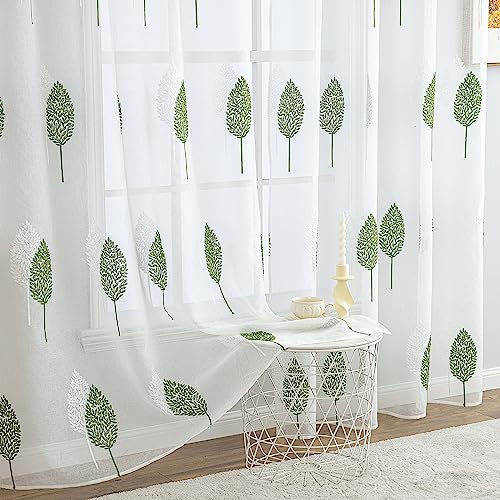 MIULEE Gardinen Transparent mit Grün und Weiß Blätter Muster, Ösen Gardinen 245 cm Hoch, Modern Gardinen Wohnzimmer 2er Set, Stickerei Fenster Ösenvorhang Kurze, Schlafzimmer Gardinen von MIULEE