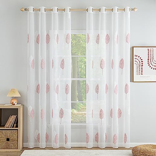 MIULEE Wohnzimmer Vorhänge Transparent mit Rosa und Weiss Blätter Muster, Modern Stickerei Gardinen Ösen für Schlafzimmer Deko, 2er Set Schöne Blätter Muster Vorhang Fenster H 260 x B 140 von MIULEE