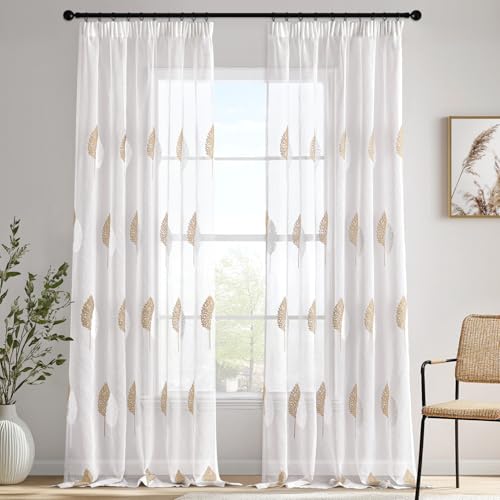 MIULEE Gardinen Vorhänge mit Kräuselband, Vorhang Wohnzimmer Braun und Weiß Blätter Muster, Schöne Stickerei Gardine 2er Set Modern Schlafzimmer Fenster H 225 X B 140 cm von MIULEE