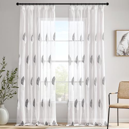 MIULEE Gardinen Vorhänge mit Kräuselband, Vorhang Wohnzimmer Grau und Weiß Blätter Muster, Schöne Stickerei Gardine 2er Set Modern Schlafzimmer Fenster H 245 X B 140 cm von MIULEE