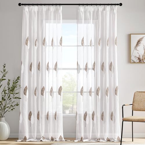 MIULEE Gardinen Vorhänge mit Kräuselband, Vorhang Wohnzimmer Kaffee und Weiß Blätter Muster, Schöne Stickerei Gardine 2er Set Modern Schlafzimmer Fenster H 260 X B 140 cm von MIULEE