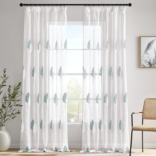 MIULEE Gardinen Vorhänge mit Kräuselband, Vorhang Wohnzimmer Türkis und Weiß Blätter Muster, Schöne Stickerei Gardine 2er Set Modern Schlafzimmer Fenster H 225 X B 140 cm von MIULEE