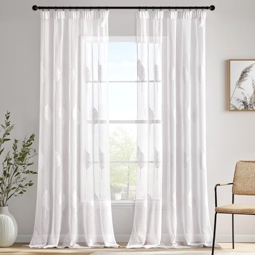 MIULEE Gardinen Vorhänge mit Kräuselband, Vorhang Wohnzimmer Weiß Blätter Muster, Schöne Stickerei Gardine 2er Set Modern Schlafzimmer Fenster H 245 X B 140 cm von MIULEE