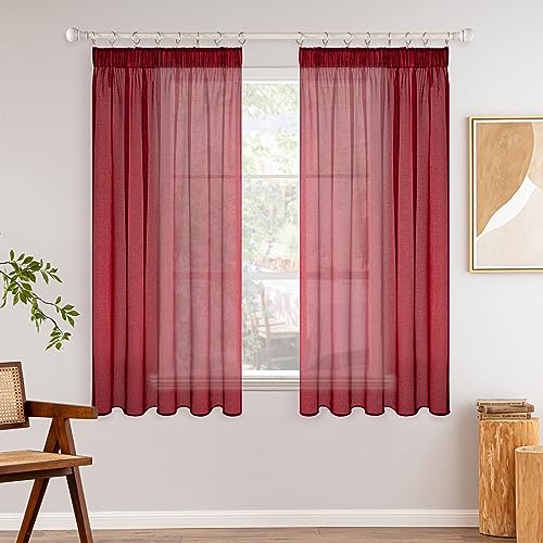 MIULEE Gardinen Vorhänge mit Kräuselband 2er Set Gardine Vorhang Mit Ösen Gardinen Wohnzimmer aus Sheer Voile Curtains Transparent Schlafzimmer Rot 140 x 175 cm von MIULEE