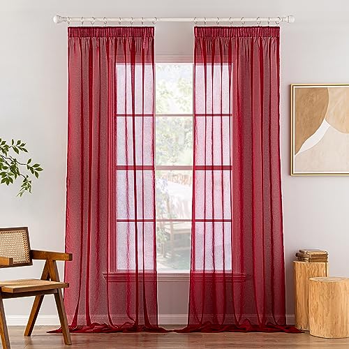 MIULEE Gardinen Vorhänge mit Kräuselband 2er Set Gardine Vorhang Mit Ösen Gardinen Wohnzimmer aus Sheer Voile Curtains Transparent Schlafzimmer Rot 140 x 225 cm von MIULEE