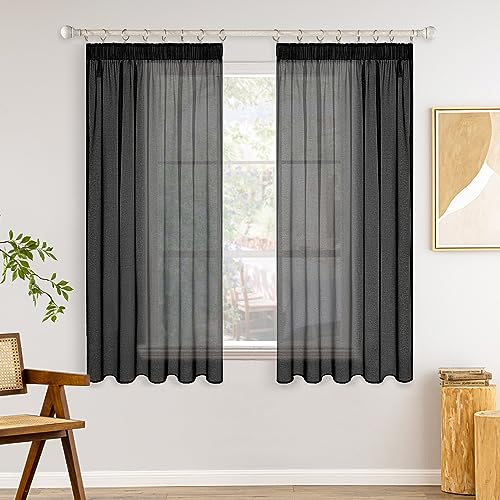 MIULEE Gardinen Vorhänge mit Kräuselband 2er Set Gardine Vorhang Gardinen Wohnzimmer aus Sheer Voile Curtains Transparent Schlafzimmer Schwarz 140 x 145 cm von MIULEE
