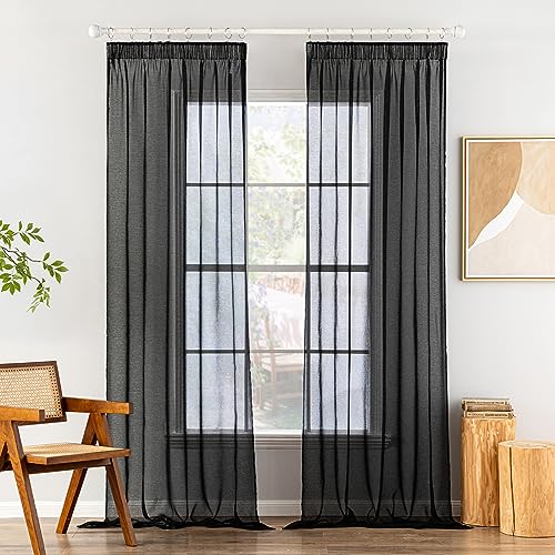 MIULEE Gardinen Vorhänge mit Kräuselband 2er Set Gardine Vorhang Gardinen Wohnzimmer aus Sheer Voile Curtains Transparent Schlafzimmer Schwarz 140 x 260 cm von MIULEE